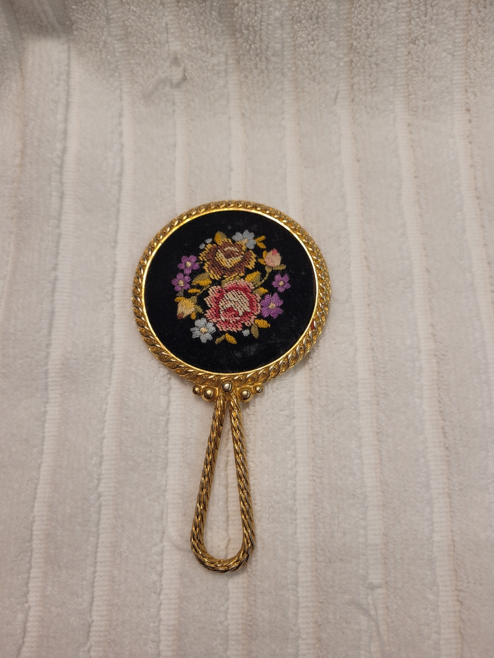 Vintage Floral Embroidered 3" Hand Mirror Gold-Tone